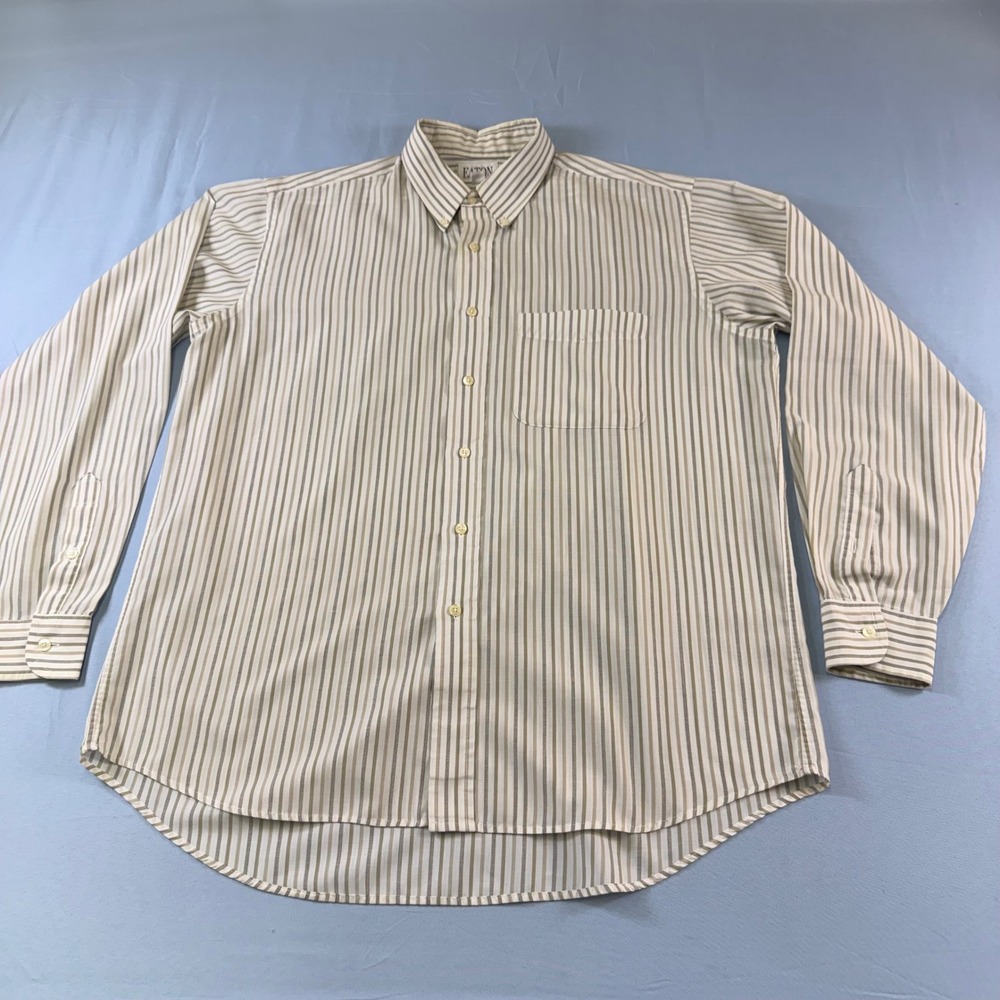 Eaton Mens Button Down Shirt‎ Tan Cream Striped Long Sleeve Size 17 35/36